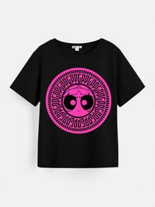THE POWERPUFF GIRLS X SHEIN Camiseta de manga corta y cuello redondo informal con estampado de flores de dibujos animados para niña preadolescente, verano