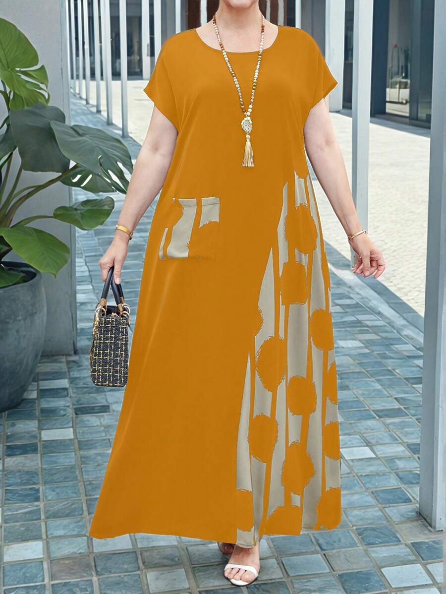 EMERY ROSE Váy dài thường ngày in họa tiết tương phản cỡ lớn, trang phục mùa xuân cho phụ nữ, trang phục đi nghỉ nhiệt đới cho phụ nữ - Màu vàng - Xem 1