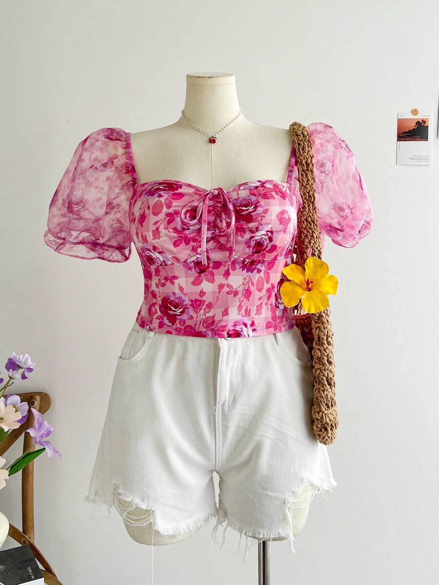 Soleia 大碼印花前打結短款T恤 - 彩色 - 查看 1