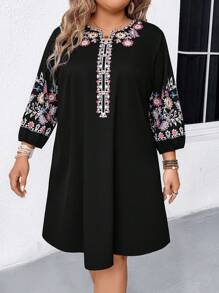 Breezaya Women Summer Plus Size Vintage Boho Floral V-Neck 3/4 Sleeve A-Line Dress,Black Autumn Knee-Length Casual Vacation Fashion Elegant Elastic Cuff Dress - Black - View 5
