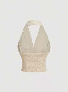 SHEIN MOD Women's Short Blue Floral Embroidered V-Neck Blouse, Suitable For Spring/Summer - Apricot - View 2