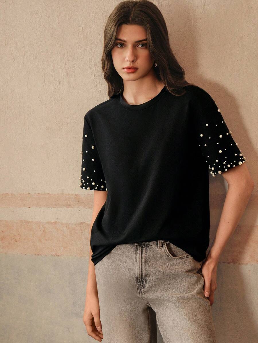 Anewsta 现代都市风格圆领串珠装饰短袖女式T恤 - 黑色 - 查看 1