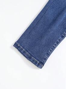 SHEIN Tween Boys' 2pcs/Set Black T-Shirt And Ripped Frayed Washed Skinny Blue Denim Jeans Set,For Spring And Summer Tween Boy Outfits