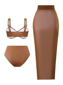 Swim Oasis 3pcs Plus Size Women Metal Decor Tankini Swimsuit Set With Sarong Pareo Coverup, Casual Beach Outfit, Summer - Brown - View 8