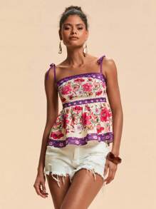 Travachic Women's Boho Floral Print Woven Fabric Cami Top With Spaghetti Straps And Ruffle Hem - Multicolor - View 3