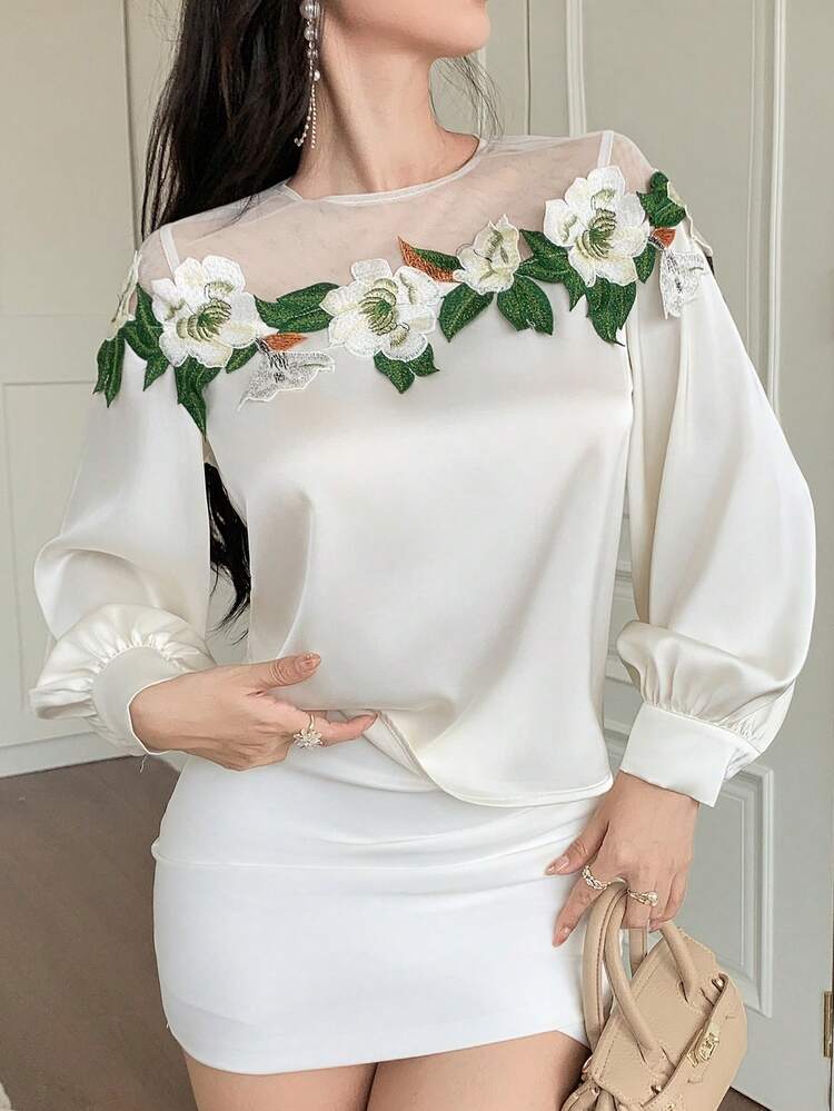 Women's Lace Patchwork Lantern Sleeve Off Shoulder Blouse Long Sleeve Top