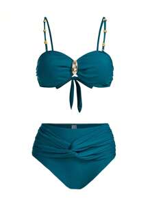 Swim Oasis Bộ bikini gợi cảm xếp ly lưng xoắn cho nữ kèm váy che mùa hè - màu xanh lá - Xem 3