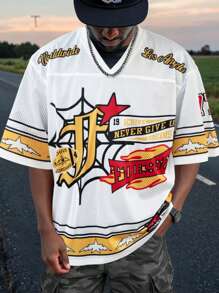 Manfinity EMRG Men's V Neck Letter & Cartoon Print Short Sleeve T-Shirt, Suitable For Summer - White - View 1