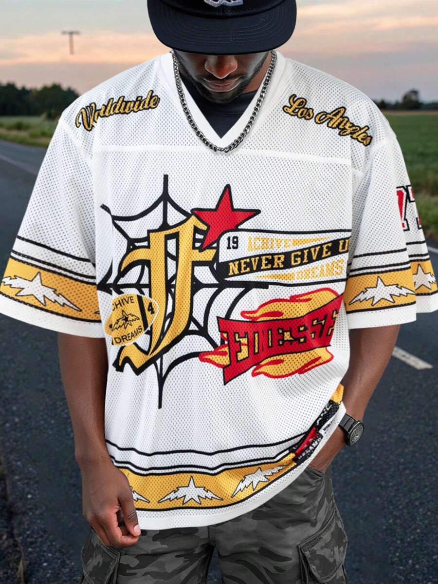 Manfinity EMRG Men's V Neck Letter & Cartoon Print Short Sleeve T-Shirt, Suitable For Summer - White - View 1