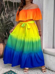 SHEIN Holidaya Plus Ombre Off Shoulder Ruffle Hem Belted Dress Maxi Women Outfit - Multicolor - View 4