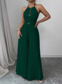 SHEIN Privé 女士优雅杏色露背系带镂空水钻蝴蝶结褶皱阔腿连体裤