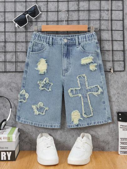 Boys' Casual Fashion Versatile Comfortable Heavily Washed Design, Patch Embroidery Distressed Details, Street & Outdoor Popular Item, School, Campus, College Summer Holiday