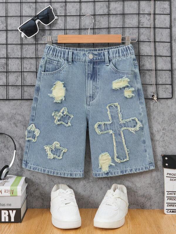 Boys' Casual Fashion Versatile Comfortable Heavily Washed Design, Patch Embroidery Distressed Details, Street & Outdoor Popular Item, School, Campus, College Summer Holiday