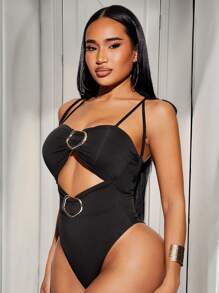 SHEIN SXY Summer Old Money BOHO Vacation Elegant Casual Everyday Wear With Black High-Stretch Knitted Suspenders Knotted Metal Trim Hollowed-Out Bodysuit