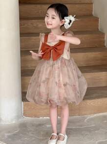 DAZY Young Girls Summer Square Neck Gradient Elegant Bowknot Decor Party Dress - Coffee - View 11