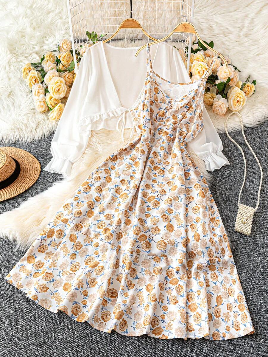 SHEIN Clasi 大码女式印花吊带背心连衣裙和纯色雪纺开衫套装,优雅两件套,适合春夏季 - 彩色 - 查看 1
