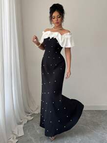 Elenzga Abito elegante con scollo a spalle scoperte, decorato con perline e a blocchi di colore