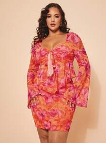 SHEIN BAE Plus Size Ladies Summer Orange Floral Trumpet Sleeve Top, Tight Floral Pink Orange Skirt, Mini Skirt, Mesh Top, Mesh Skirt Suitable For Daily Commuting, Summer Vacation - Orange - View 5