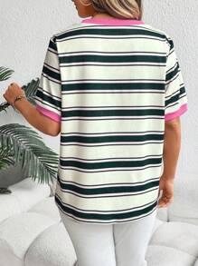 Calvaya Plus Size Colorblock Short Sleeve Striped Graphic Print Casual T-Shirt - Multicolor - View 2
