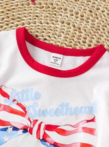 Young Girl Cherry Bow & Independence Day Print Patchwork T-Shirt - Red - View 7