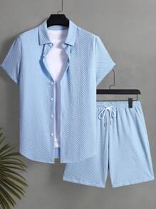 Manfinity KASUA Manfinity Swimmode Men's Color Block Short Sleeve Shirt And Shorts Set Men Swim Trunks Textured Fabric Men Swim Trunks Men's Summer Casual Solid Color Textured Shirt & Shorts Set Men Swim Trunks Men Swim Trunks