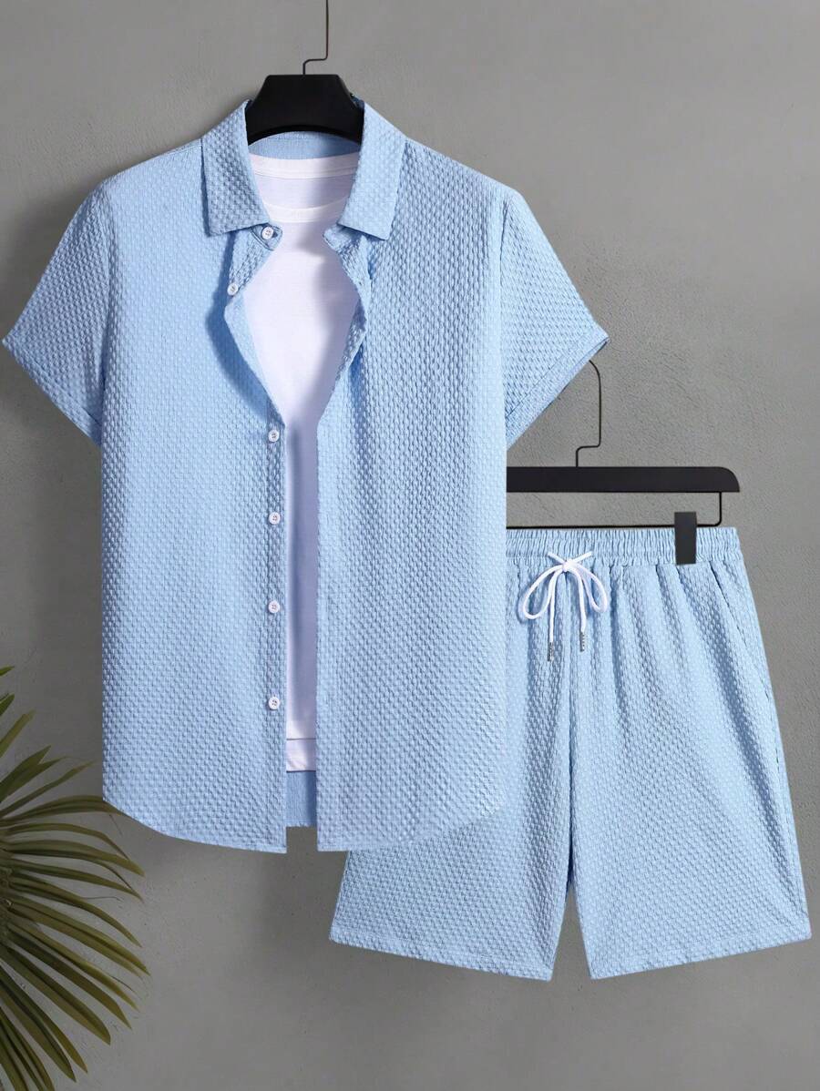 Manfinity KASUA Manfinity Swimmode Men's Color Block Short Sleeve Shirt And Shorts Set Men Swim Trunks Textured Fabric Men Swim Trunks Men's Summer Casual Solid Color Textured Shirt & Shorts Set Men Swim Trunks Men Swim Trunks