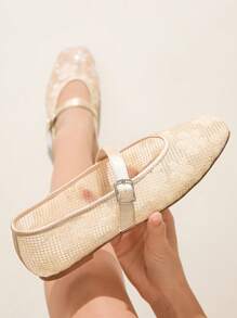 CUCCOO CHICEST Women's Summer New Mesh Sequin Square Toe Flat Elegant Casual Champagne Mesh Flat Mary Jane Shoes For Afternoon Tea, Date, Elegant Outfit, School Style, Party