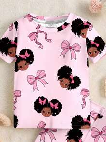 SHEIN Young Girl Pattern Bow Decor Casual Minimalist Snug Fit Crew Neck Short Sleeve Shorts Set, Comfortable Home Outfit, Suitable For Spring/Summer - Multicolor - View 4