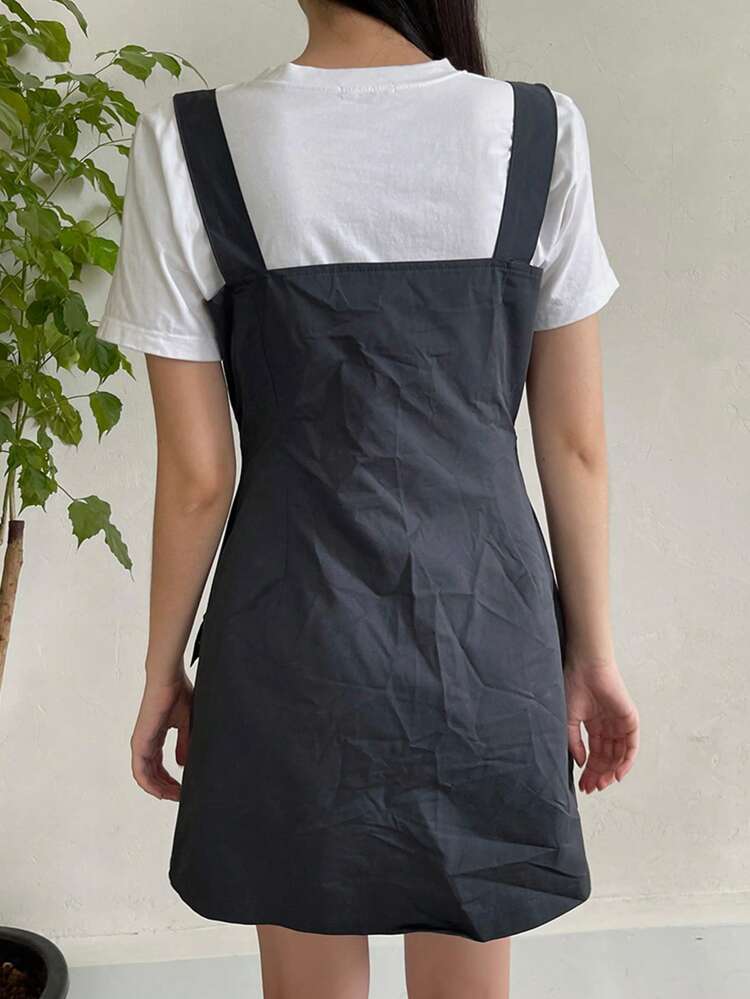 Solid Color Pocket Decor Suspender Dress Sleeveless Women Short Shift Dress,Mini Dress,Casual Women Dresses