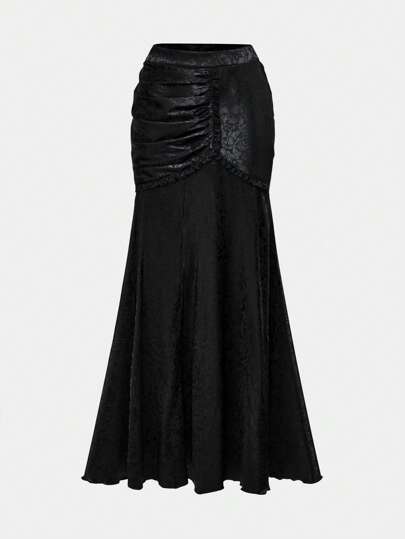 Vintage Gothic Black Textured Lace Trim Fish Tail Skirt For Women