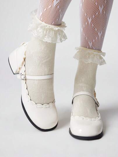 Kawaii Women's White High Heel Closed Toe Mary Jane Pumps With Lace Trim, Work, Uniform, Formal Shoes