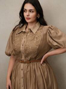 Anewsta Vestido largo elegante de mujer con mangas abullonadas, cuello y parches de encaje - Café integral - Ver 6