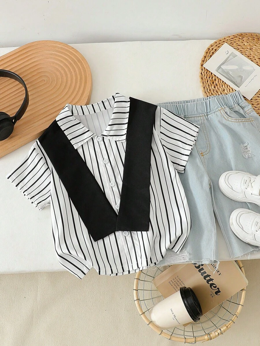 Young Boy Casual Fashionable Classic Striped Print Collared Short Sleeve Shirt With Shawl, Summer Everyday Wear