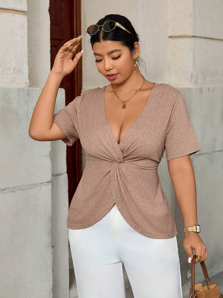 SHEIN Clasi Plus Size Women's Solid Color Twist Waist Fitted Stretchy Short Sleeve T-Shirt - Coffee Brown - View 1