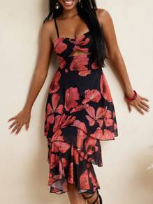 JIAN LASALA Vestido de tirantes elegante con estampado floral y diseño calado para invitada de boda, para mujer - Rojo y negro - Ver 8