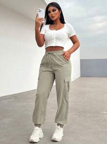 BamGleam 女士休闲百搭纯色抽绳工装裤 - 淺灰色 - 查看 5