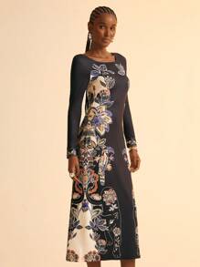 CAJUNI 波西米亚风热带植物花卉印花针织长袖女式紧身长裙，度假风格 - 彩色 - 查看 3