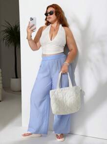 SHEIN EZwear 加大码纯色露背无袖吊带背心和条纹印花松紧腰裤两件套 - 白色 - 查看 3