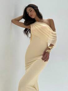 Aloruh Women's Birthday Party Dress Cocktail Dance Concert Music Festival Dinner Greek Goddess Dress Holiday Apricot Dress Mesh Knit Bodycon Dress Solid Color Asymmetrical Collar Splice Chiffon Dress, Elegant Style