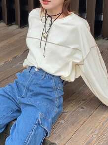 FRIFUL 女士宽松短款圆领撞色拼接T恤，春季、秋季衣服长袖女上衣 - 米色 - 查看 3
