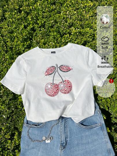 Tseoso Camiseta corta de manga corta y cuello redondo de mujer con estampado de cerezas, estilo minimalista casual, apropiada para el verano
