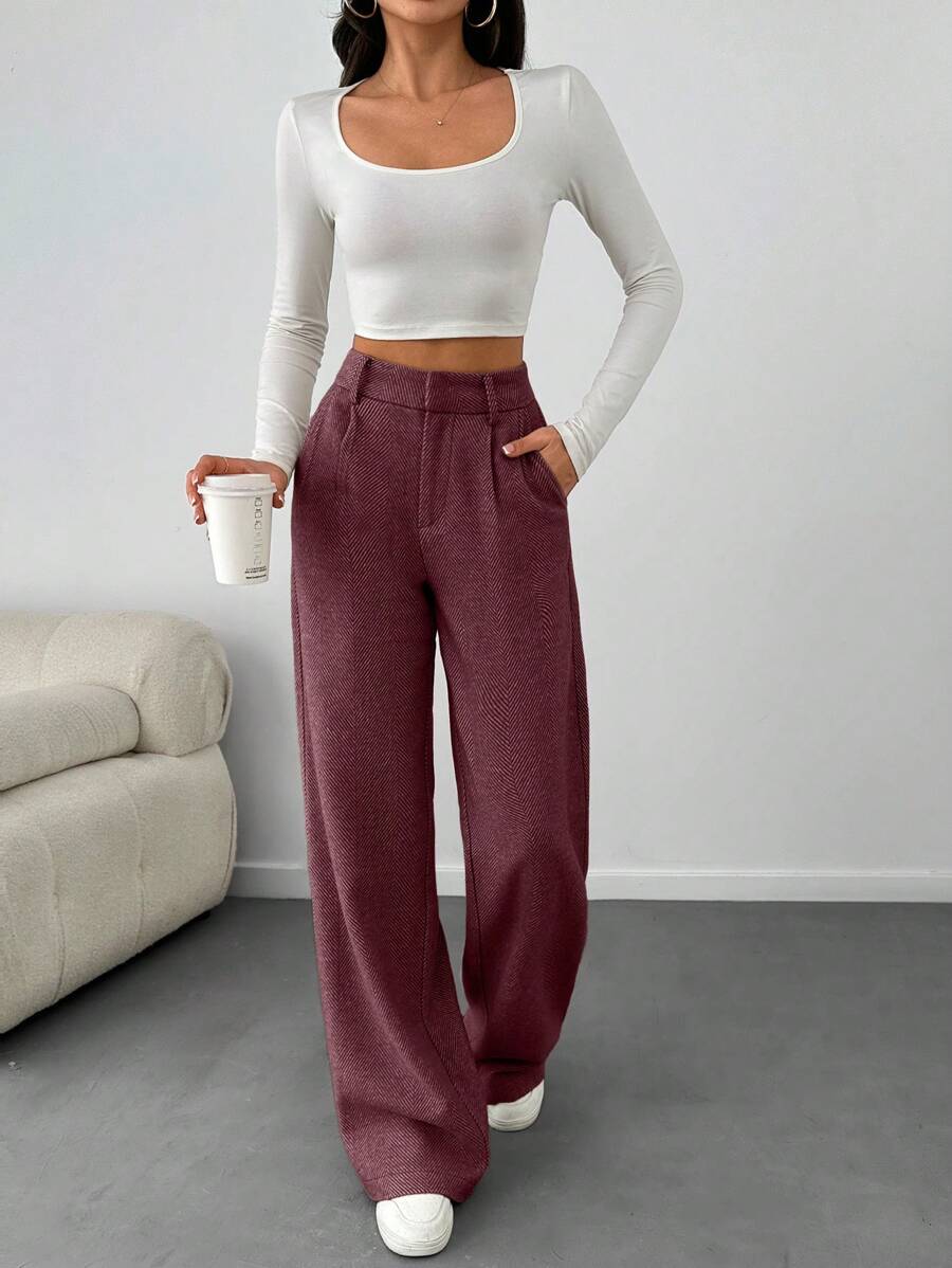 SHEIN Tall Women Solid Color High Waist Wide Leg Pants - Burgundy - View 1