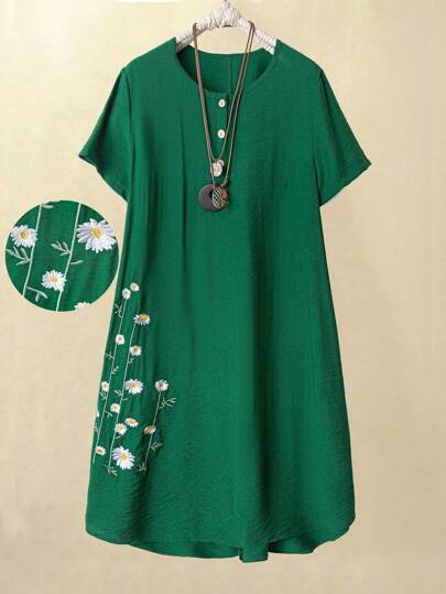 Linhara Vestido casual con botones abiertos y bordados talla grande