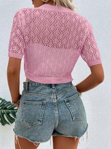 SHEIN LUNE 女士纯色短袖单排扣镂空休闲开衫 - 西瓜粉 - 查看 2