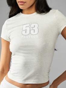 Missguided x Playboy 钻石装饰婴儿短款上衣 Y2K 美学短袖基本款修身 T 恤运动休闲街头服饰水钻细节家居服 - 淺灰色 - 查看 6