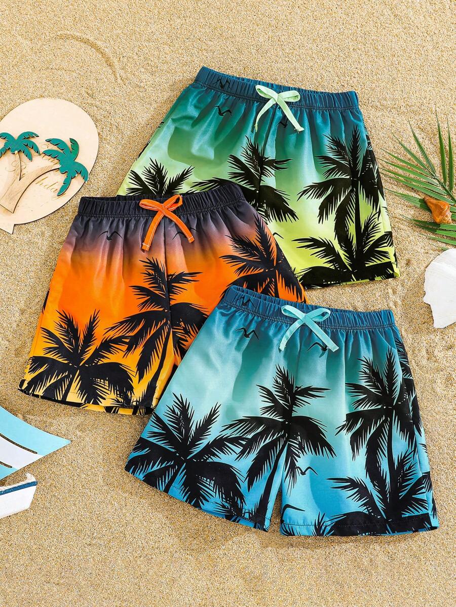 SHEIN Set de 3 pantalones cortos de playa informales para niños, pantalones cortos de playa versátiles y cómodos con estampado de árbol de coco, de secado rápido, conjunto de ropa de baño