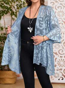 EMERY ROSE Áo khoác cardigan dáng rộng thiết kế jacquard tay 3/4 hở phía trước cỡ lớn dành cho nữ vào mùa thu/đông - Màu xanh nhạt - Xem 6