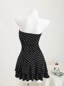 Elamini Black & White Polka Dot Backless Ruched Double Ruffle Hem Mini Dress, Elegant For Commute, Vacation, Beach, Sweet & Cute For Daily Wear, Dating, Versatile For Women In Summer - Black - View 2