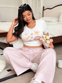 SHEIN EZwear 2件套加大码女式海星贝壳印花圆领短袖T恤和裤子套装 - 白色 - 查看 4