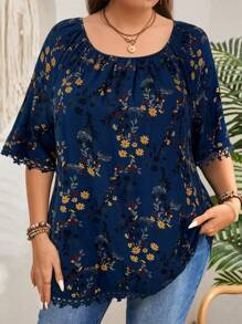 EMERY ROSE 大码女式花卉印花褶饰圆领短袖休闲衬衫，夏季，热带度假 - 藏蓝色 - 查看 1
